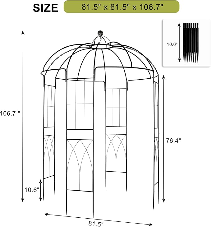 Garden Arbor, 9FT Metal Garden Arch for Climbing Plants Outdoor, Black Gazebo Archway for Lawn, Patio and Backyard, Wedding Arches for Ceremony, Includes Ground Stakes