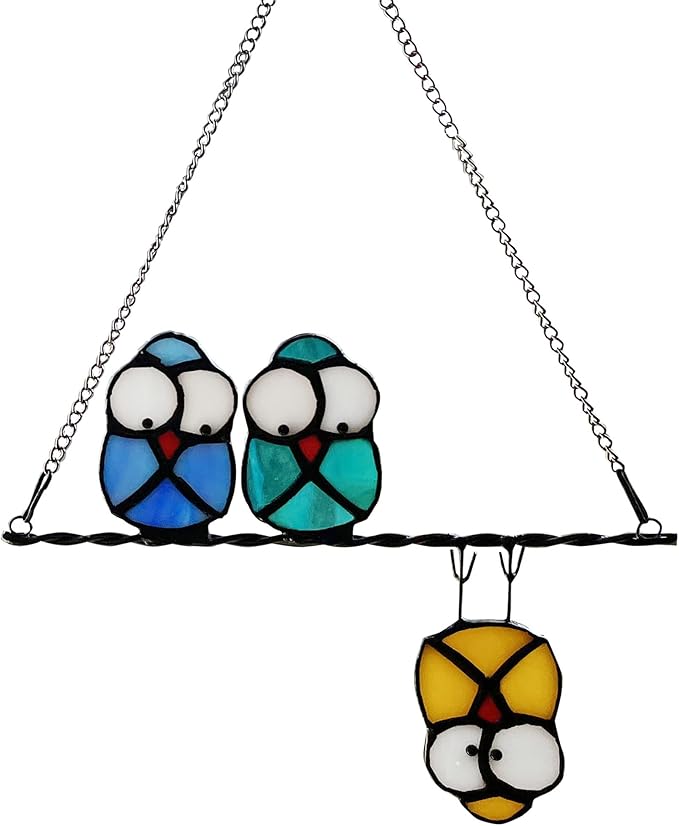 Multicolor Owl on a Wire Stained Glass Window Hanging, Bird Suncatcher for Windows Panels Hangings Hummingbird Ornament Decoration for Wall Home Garden Decor Bird Gift for Owl Lovers