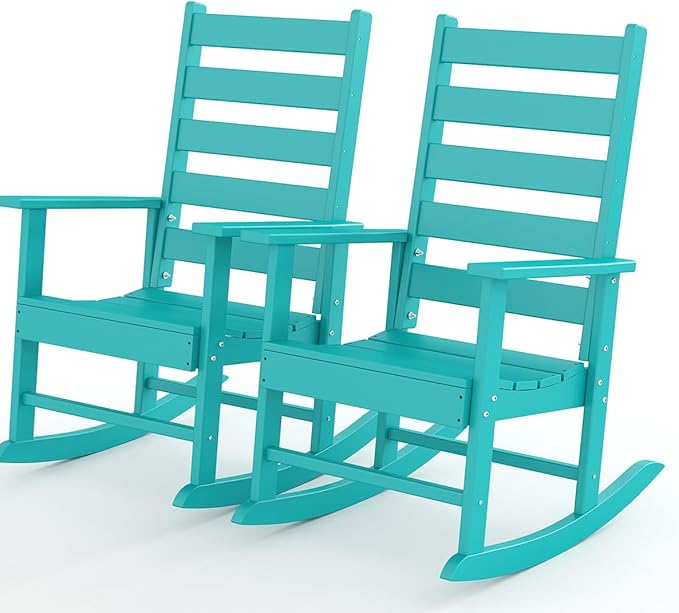 GREENVINES Outdoor Rocking Chairs Set of 2 | HDPE Plastic | Patio-Rocker-Chair | Porch Rocker | Shaker | Oversized | High Ladder Back | Big and Tall | PentaLuxe | Aqua