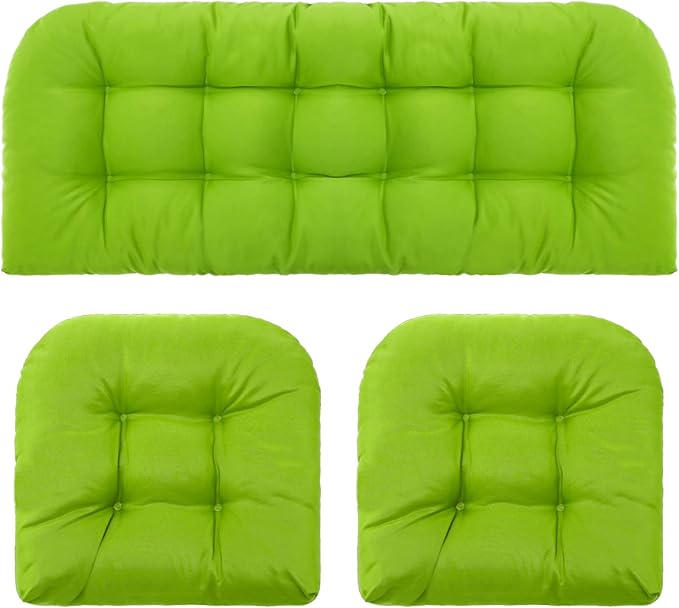 Barydat 3 Pack Wicker Furniture Cushions Waterproof Outdoor/Indoor Tufted Wicker Chair Cushions 1 Loveseat and 2 U-Shape Rattan Chairs for Patio Furniture, Rattan Love Seat, Bench (Grass Green)