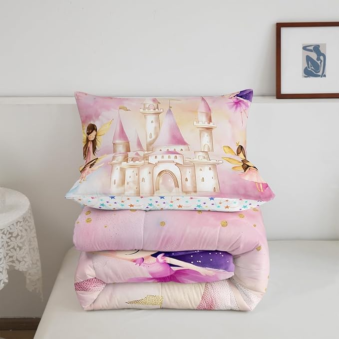 Erosebridal Girls Women Princess Comforter Set Queen,Pink Castle Fairy Bedding Sets,Fairy Garden Quilt Bed Set Dreamy Princess Comforter Reversible,Cute Bedroom Decor for Kids Teen Girls