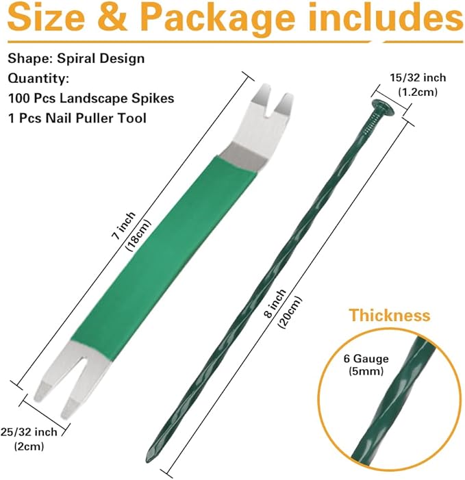 Bakulyor 100 Pack Metal Landscape Stakes, 8 Inch Artificial Grass Nails, 6 Gauge Large Landscaping Staples, Green Edging Anchor Stake for Garden Ground Lawn Paver Timber Border Weed Barrier Spikes 8"
