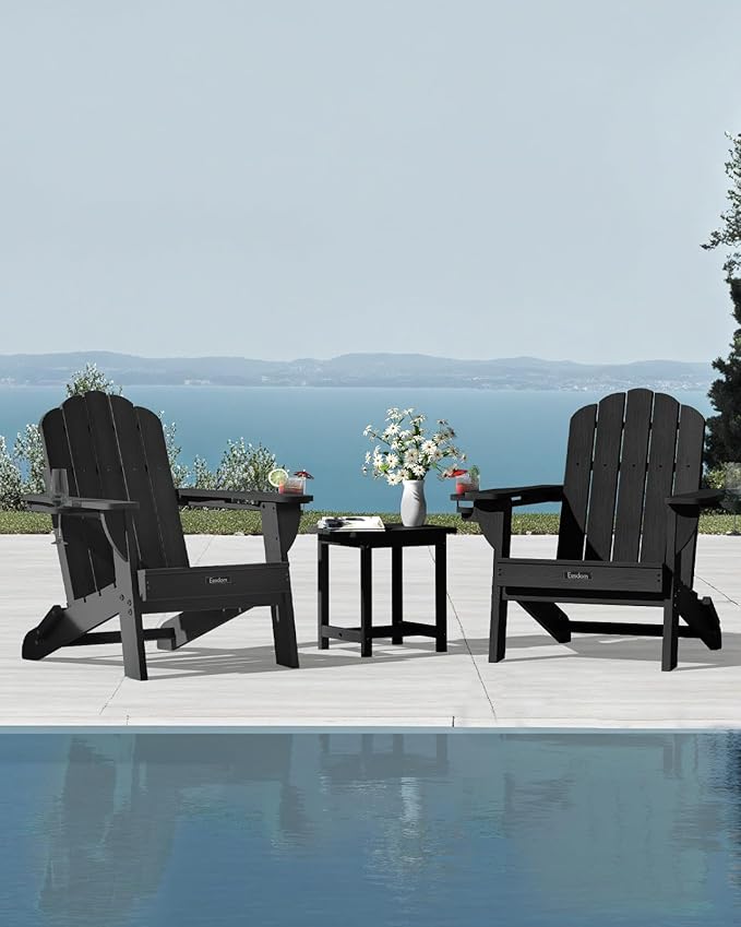 Adirondack Chairs Set of 2, HDPE Material Fire Pit Chairs, Plastic Adirondack Chairs with 2 Cup Holder, Outdoor Lawn Chair for Patio Garden，Black