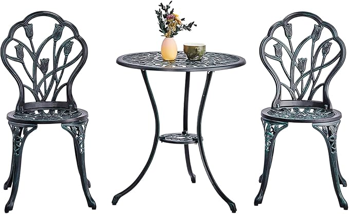 VINGLI 3 PCS Outdoor Bistro Set, Outdoor Patio Set, All-Weather Cast Aluminum Bistro Table Set, Bistro Table and Chairs Set of 2 for Backyard, Garden, Balcony (Green, Tulip)