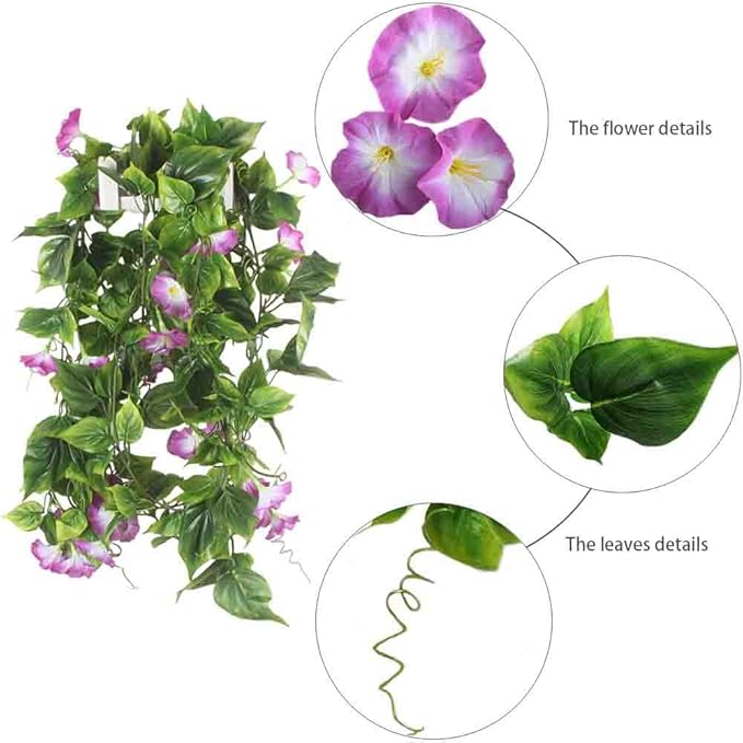 GTIDEA 2Pcs Artificial Vines,15Feet Morning Glory Hanging Plants Silk Garland Fake Green Plant Home Garden Wall Fence Stairway Outdoor Wedding Hanging Baskets Decor Purple