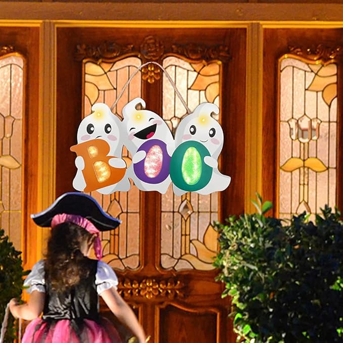 LOMIMOS Halloween Door Hanger Sign Decorations with Lights, Cute Ghost Welcome Sign for Front Door Porch Outdoor Indoor Hanging Wall Decor Farmhouse Holiday Decor
