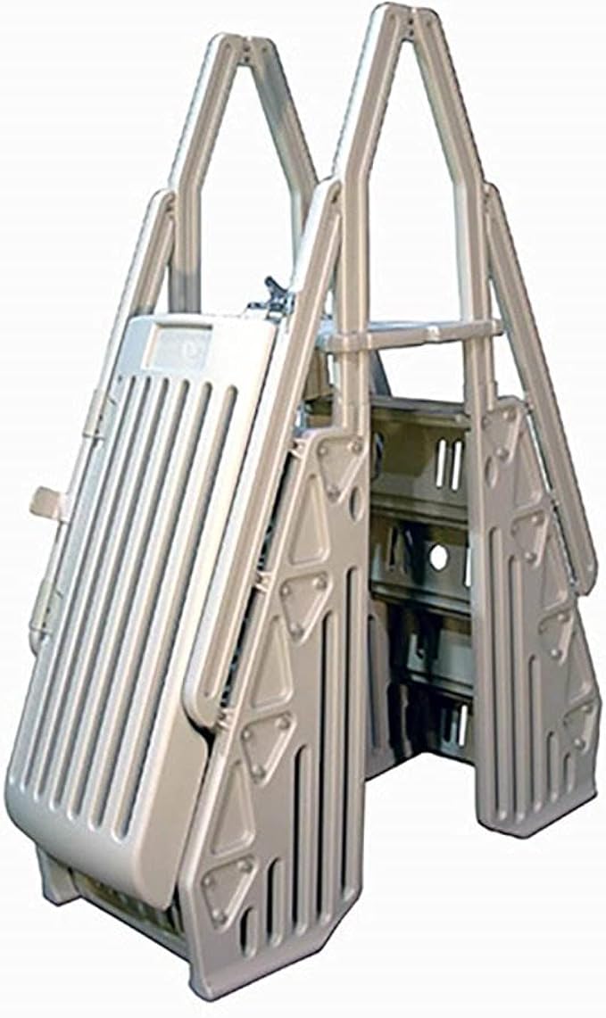 Vinyl Works 24 Inch Double Pool Step Ladder with Gate, Adjustable Stair Entry System with Handrails for Above Ground Swimming Pools, Taupe