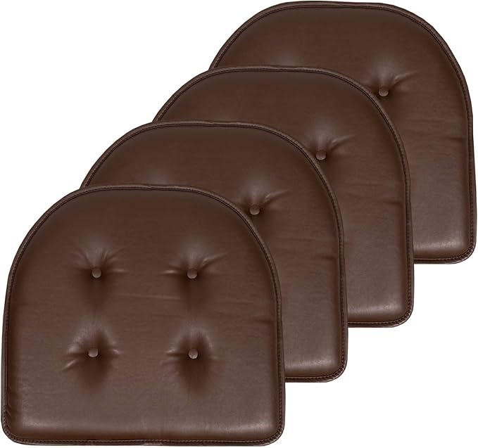 Sweet Home Collection Chair Cushion Memory Foam Pads Tufted Slip Non Skid Rubber Back U-Shaped 17" x 16" Seat Cover, Faux Leather Chocolate Brown 4 Count