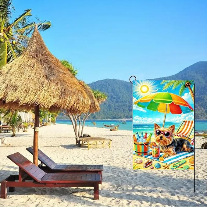 Summer Garden Flags for Outside 12x18 Double Sided, Burlap Beach Yorkie Dog Garden Flag Summer Coastal Decoration, Small Decorative Ocean Outdoor Yard Lawn Porch Flags