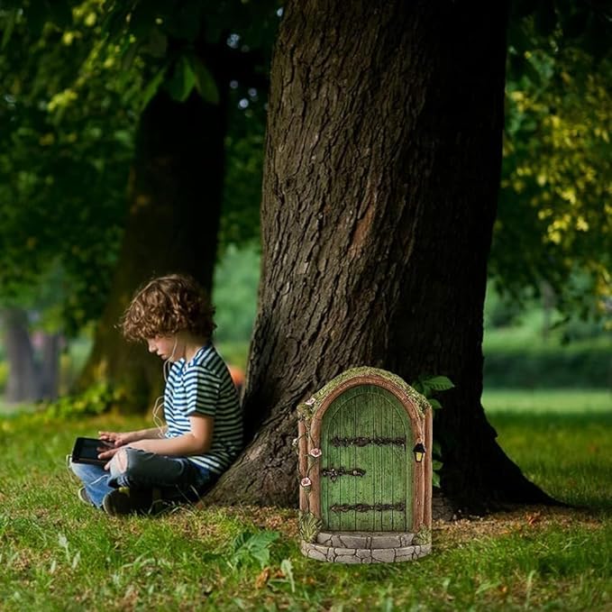 Green Fairy Door, Wooden Miniature Fairy Garden Doors Outdoor Mini Fairy Gnome House Accessories for Tree Trunk Ornaments Garden Miniatures, Fairy Doors for Trees Outdoor, Gnome Door for Tree Trunk