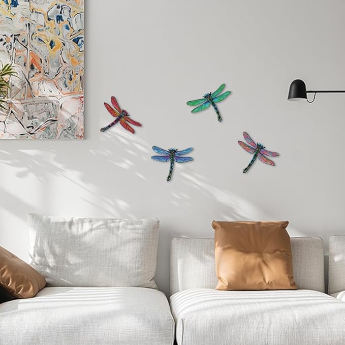 dreamskip Metal Dragonfly Wall Decor Art, 4 Pack Colorful Metal Dragonflies Outdoor Wall Art, Hand Painted Outdoor Wall Decor For Garden, Yard, Fence, Patio, Outside, Living Room Decoration