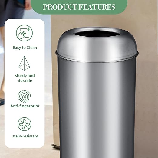 65L/17 Gallon Tall Commercial Trash Can, Large Capacity Outdoor Trash Can with Lid, Round Stainless Steel Open Top Waste Bin, Metal Garbage Bin for Home, Office, Restaurant, Restroom