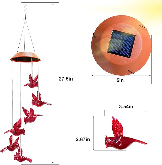 Cardinal Solar Wind Chimes for Outside, Solar Powered Red Bird Chime Light, Cardinal Gifts for Mother Mom Grandma Women Birthday, Hummingbird Decor for Patio, Deck, Yard, Garden, Home