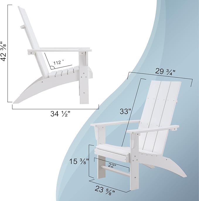 Psilvam Modern Adirondack Chairs Set of 2, Oversized Poly Lumber Fire Pit Chair, 350 Lbs Support Patio Chairs for Garden, Weather Resistant Adirondack Chair Looks Like Real Wood (White)