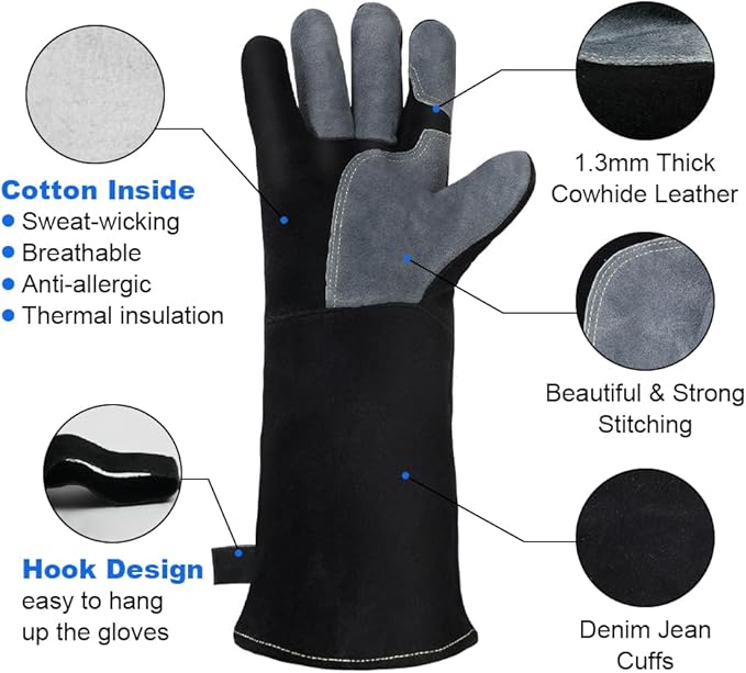 AUAUY Heat & Fire Resistant Gloves Leather BBQ Gloves Wear Resistant Heavy-Duty Welding Gloves for Grinding,Baking,Gardening