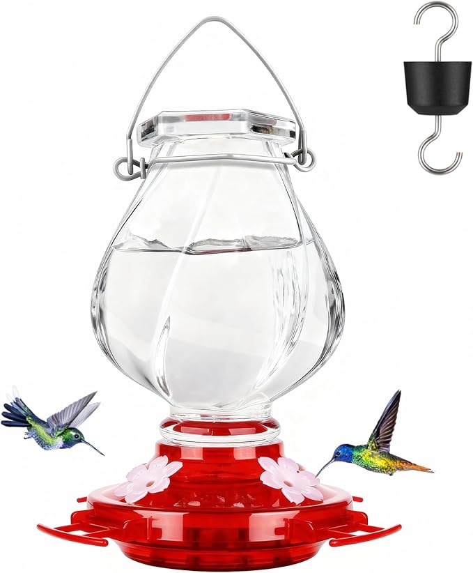 Hummingbird Feeder, BOLITE Glass Hummingbird Feeders for Outdoors Hanging, with Ant Moat and 4 Bee Guard Feeding Ports, 22oz, Leak Proof, Clear & Red, Birthday Gifts for Women Men, Gifts for Mom Dad