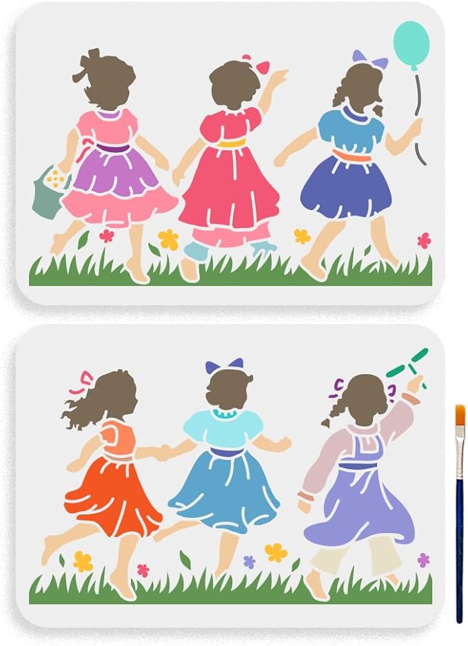 MAYJOYDIY Women's Playing On The Grass Stencil 11.7x8.3in 6 Dress Stencil Reusable Balloon Run Drawing Template With Paint Brush For Art Crafts Canvas Furniture