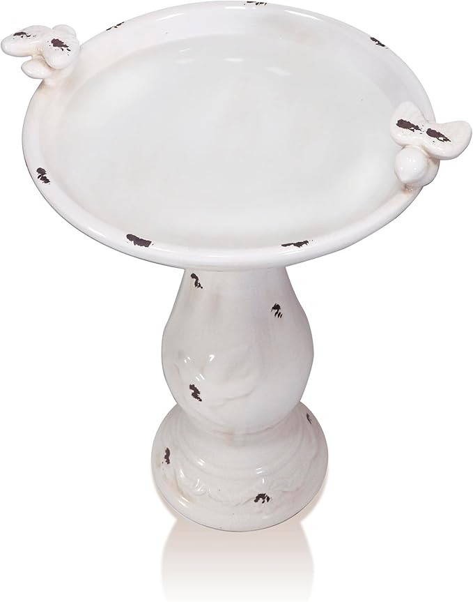 Alpine Corporation 25" Tall Outdoor Antique Ceramic Birdbath with 2 Bird Figurines - Vintage Style Garden Bird Bath Bowl for Patio, Yard, Lawn Decor, Light Brown
