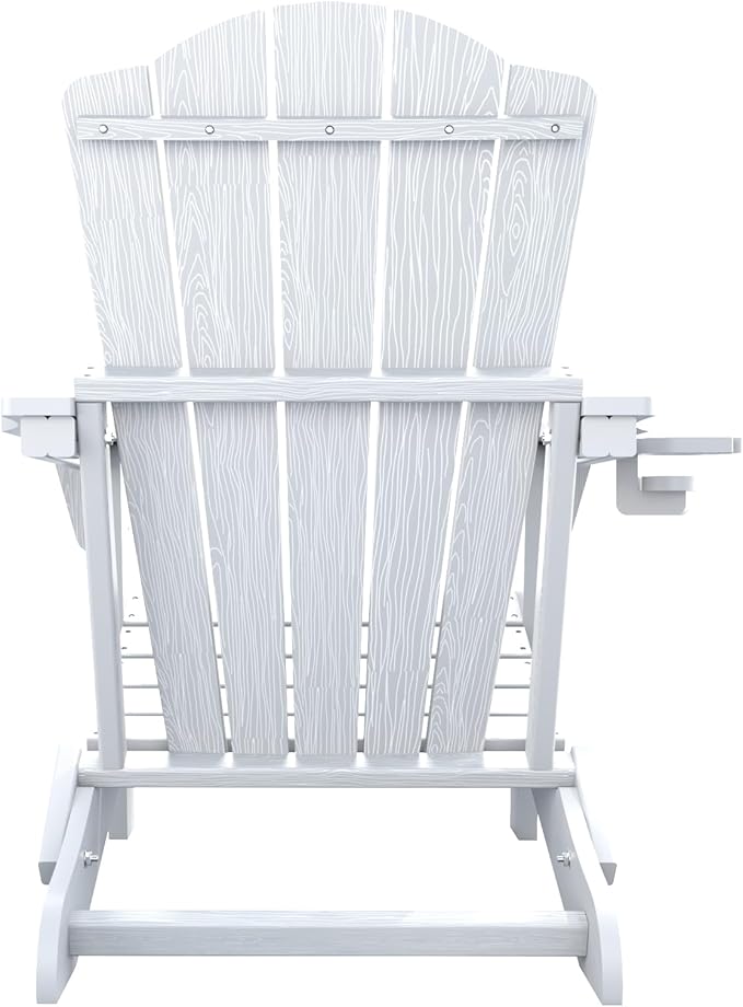 Folding Adirondack Chair,HDPE All-Weather Outdoor Chair with Cup Holder,Wooden Textured,Fire Pit Chair,Plastic Patio Chair for Deck,Backyard,Garden,Lawn(White)