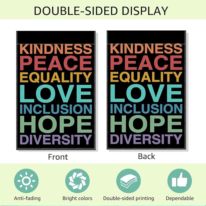 RZHV Kindness Peace Equality Love Inclusion Hope Diversity Double-Sided Garden Flag for Outdoor House Yard Sign Garden Decor Parade, Inclusive Outdoor Banner, Kindness Social Justice Yard Sign
