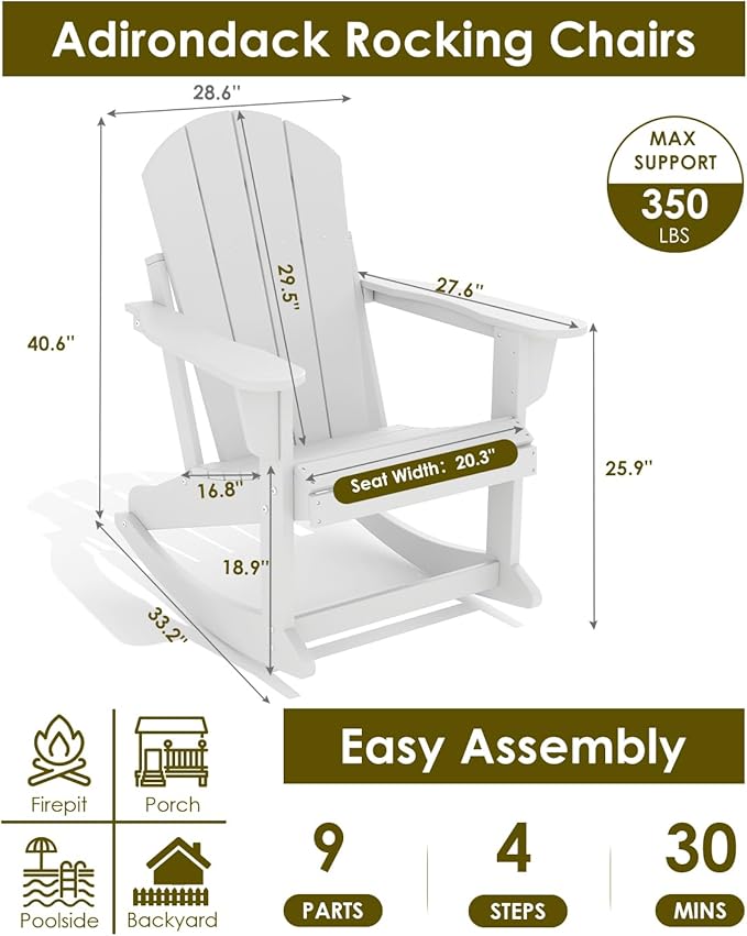 GREENVINES Adirondack Rocking Chair | HDPE Plastic | Porch Rocker | Chair for Outdoor Patio Deck | All Weather | White