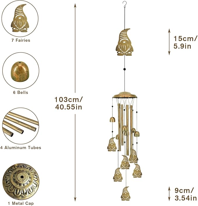 Wind Chimes for Outside Deep Tone - Cute Gnome Memorial Wind Chime Outdoors, Aluminum Tube Windchime with S Hook, Sympathy Wind Spinner Tree Ornaments, Patio Garden Decor, Housewarming Gifts