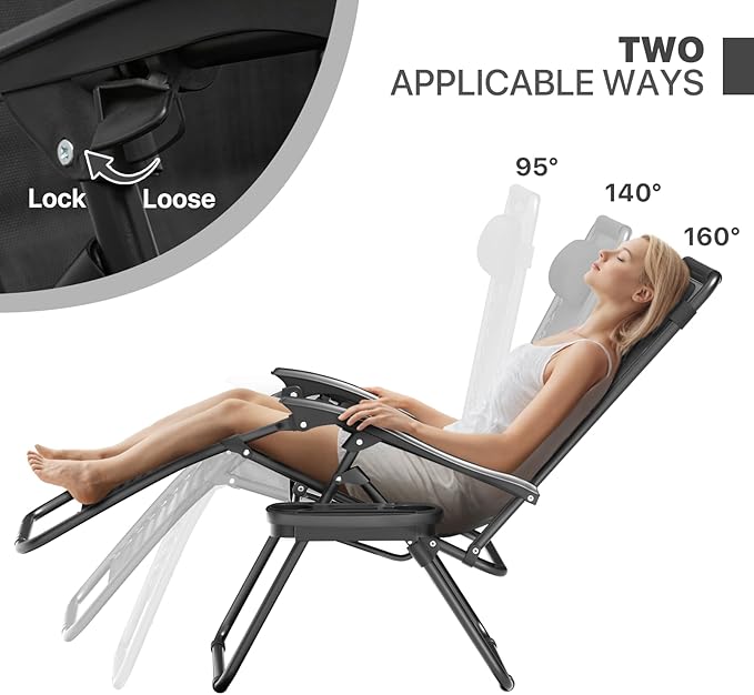 Magshion Zero Gravity Lounge Chair, Adjustable Folding Recliner with Cup Holder Side Tray & Removable Headrest Pillow, Portable Outdoor Patio Lounger for Camping, Beach, Lawn, Backyard, Black
