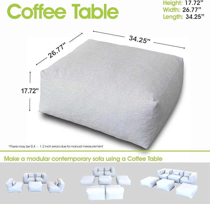Patio Ottoman, Outdoor Coffee Table Bean Bag Chair, Daybed Sofa Comfy Couch, Modular Patio Sectional Sofa, Water-Resistant Olefin Fabric, High-Density Foam Filled, Comfy Lounge Seat, Light Gray