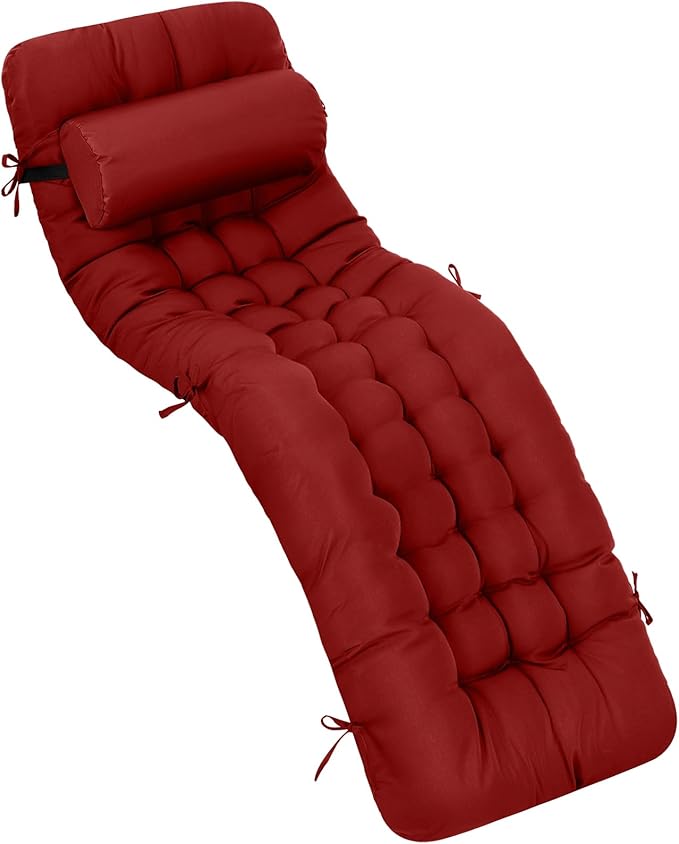 Tudomro 66'' Outdoor Chaise Lounge Cushion Waterproof Patio Lawn Pool Chaise Lounge Cushion with Headrest Pillow & Ties Weather Fade Resistant Replacement Longue Chair Pad