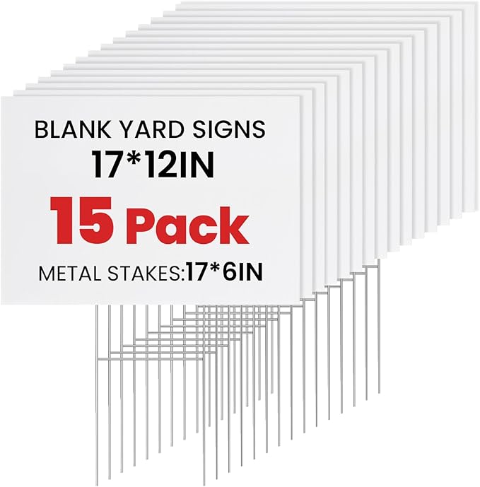 15 Pack Yard Signs with Metal Stakes, Custom Yard 17 x 12 Inches, Corrugated Plastic Board for Sale Sign Outdoor, Rent, Guidepost, Garage Sale Signs, Birthday Party