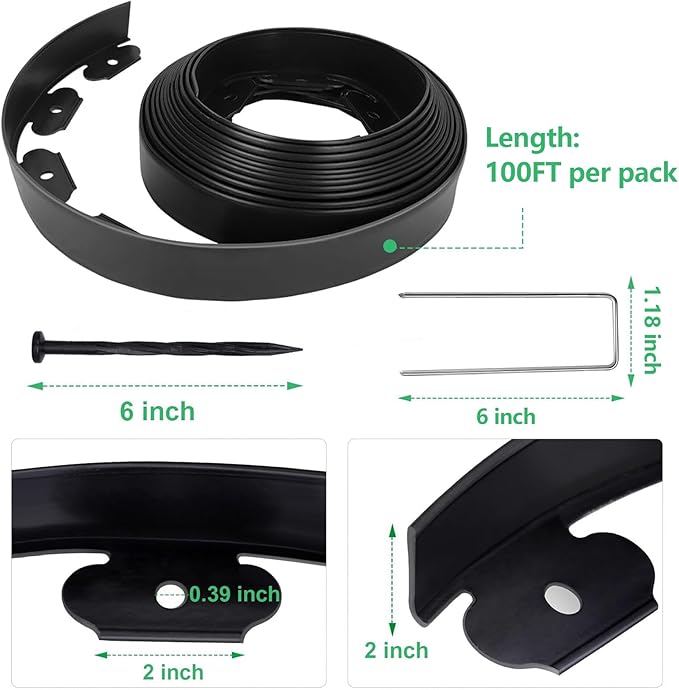 Landscape Edging 2 Inch X 100 FT Garden Edging Border with 90 Metal Spikes + 90 PE Spikes for Lawn,Flower Bed,Yard,Paver,Garden Playground, Fence, Pathway Edging Landscaping