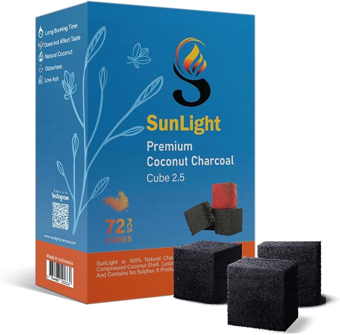 Sunlight® Premium Coconut Charcoal Cubes - (2.5mm) - Long Lasting Natural Coco Charcoal - Zero Ash - Low Odor - 2.5 mm Cubes - Long Lasting - Full Burn (72)