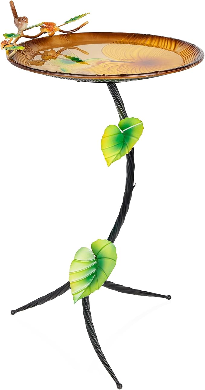 Alpine Corporation 32" H Outdoor Metal Birdbath w/Stylish Stand, Hummingbird Birdbath Bowl and Stand Set, Yellow/Gray