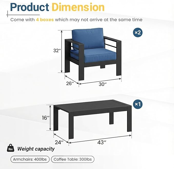 Solaste Aluminum Patio Furniture Set for All Weather, Oversized Metal Outdoor Furniture Set with 27.5" Deep Seating and 3.2" Wide Armrest, Outdoor Patio Sofa with 10" Back Suport Cushion