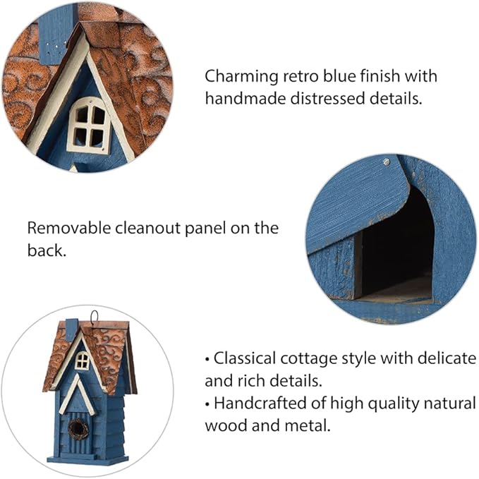 Glitzhome Bird Houses for Outside, 12" H Retro Blue Distressed Solid Wood Cottage Birdhouse Hanging Bird House for Outdoors, Bluebird House for Garden Patio Backyard