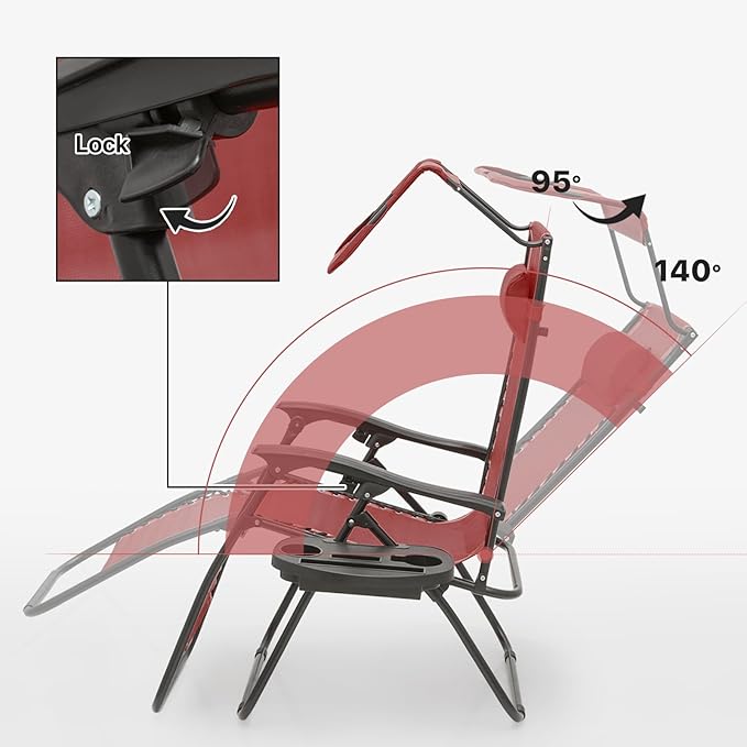 Magshion Zero Gravity Lounge Chair with Canopy, Outdoor Foldable Patio Reclining Chair with Side Tray, Adjustable Anti-Gravity Recliner with Pillow Headrest, Lounger for Lawn Camping Beach (Maroon)