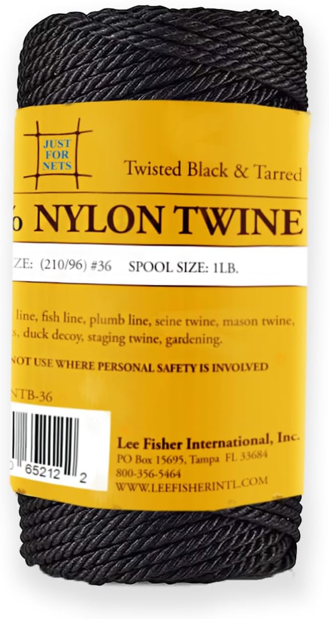 Just For Nets Twisted Tarred Nylon Bank Twine, Black, 1lb Spool - Heavy Duty String for Net Repair, Camping, Trot Line Fishing, Bushcraft Cordage (#36-1lb Spool)