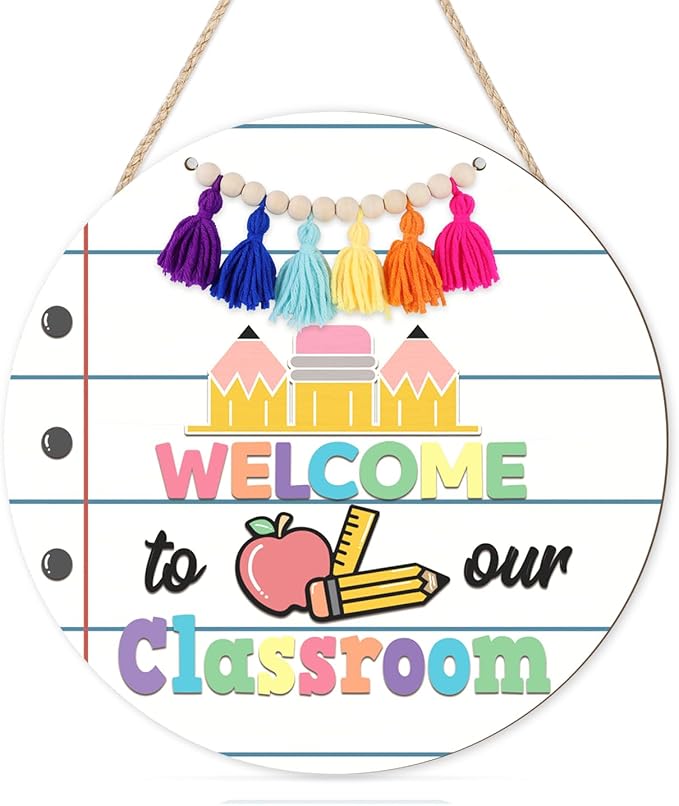 HLNIUC Welcome Wooden Sign(11”x11”) Welcome to Our Classroom Hanging Plaque, Boho Front Door Signs, Pencil Ruler Apple Wall Decor, Colorful Classroom Door Hanger with Beads Tassels for School Nursery