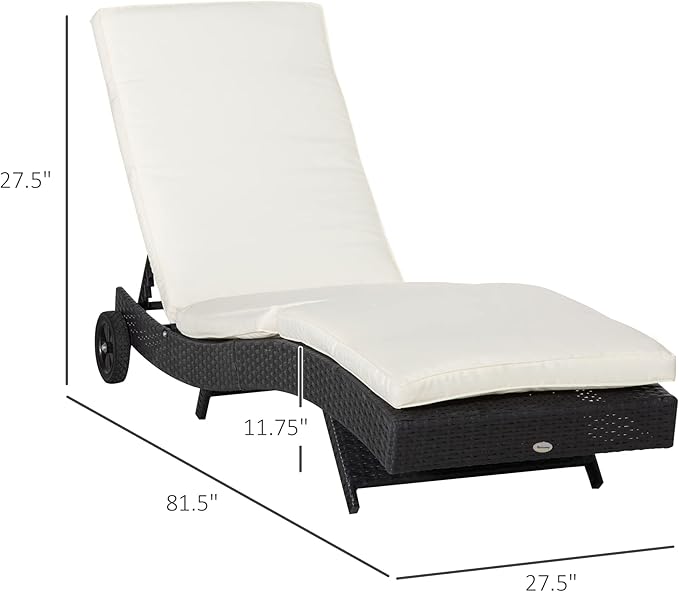 Outsunny Wicker Chaise Lounge Chair Outdoor PE Rattan Cushioned Patio Sun Lounger with 5-Level Adjustable Backrest & Wheels for Easy Movement, Cream White