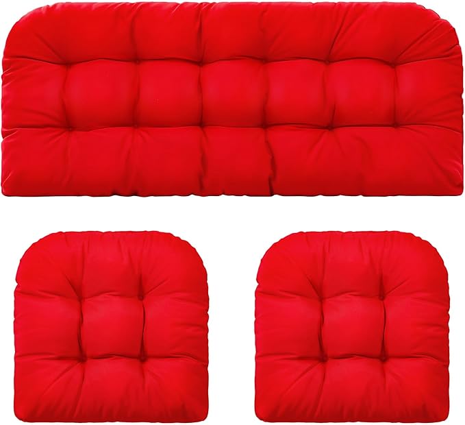Barydat 3 Pack Wicker Furniture Cushions Waterproof Outdoor/Indoor Tufted Wicker Chair Cushions 1 Loveseat and 2 U-Shape Rattan Chairs for Patio Furniture, Rattan Love Seat, Bench(Red)