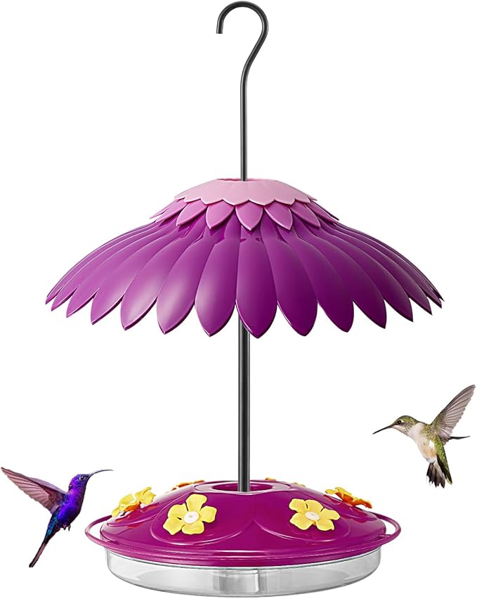 Hummingbird Bird Feeders for Outdoors Hanging, Bird Feeder Cover Built-in Moat Weather Protective Rain Guard 16Oz Hummingbird Nectar Feeder with 6 Ports and 14 Inche Dome Baffle Kit(Purple)