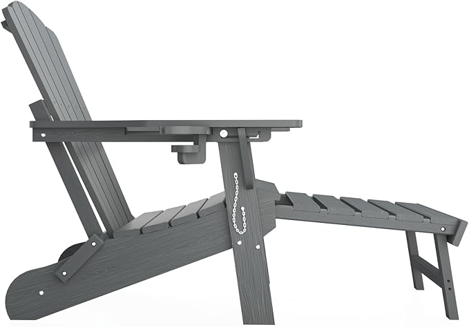 Folding Adjustable Adirondack Chairs with Ottoman & 1 Cup Holders, HDEP Multifunctional Adirondack Chair with Footrest,Grey