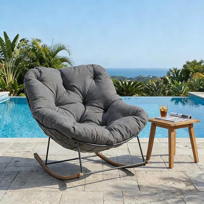Outdoor Rocking Chair, 400 lbs Sturdy Frame with Thick Cushion,Patio Papasan Chair for Bedroom, Living Room, Porch, Garden(Grey)