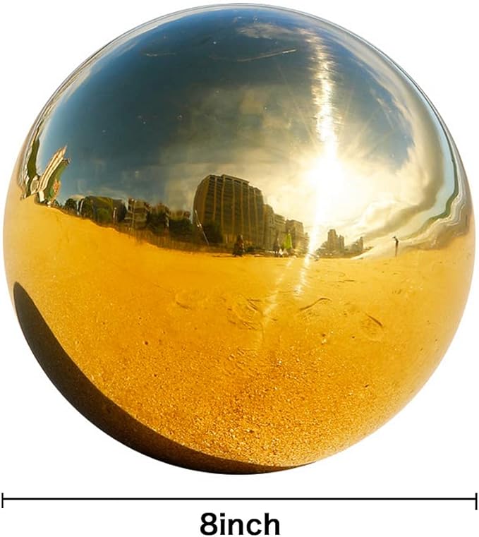 Nerien 8 Inch Gazing Ball, Stainless Steel Garden Mirror Globe, Polished Ornament Sphere, Hollow Floating Reflective Hemisphere, for Home Outdoor Pond Housewarming Swimming Pool Decoration, Gold