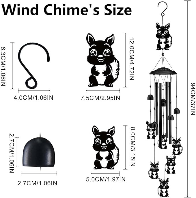 Squirrel Wind Chimes for Outside/Indoors, Squirrel Gifts for Women Mom Grandma, Aluminum Tubes Windchimes S Hook, 37" Wind Chime Hanging Decor for Home Patio Garden Porch Yard (Black-Squirrel)