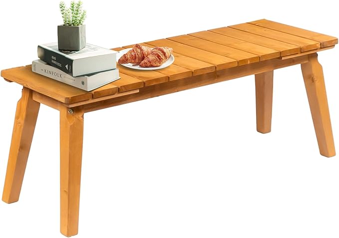 VINGLI Outdoor Wooden Bench, 45” 2-Person Backless Dining Bench, Weatherproof Outdoor Patio Bench for Porch Entryway Garden (1, Teak)