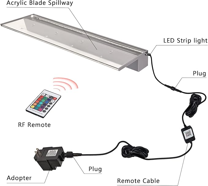 36'' APP Control Waterfall Spillway with RGB LED Lights, Acrylic Pond Fountain Set for Outdoor Decorations, Patio Pool Kit on The Wall for Garden w/16 Color Changing, Easy Installation