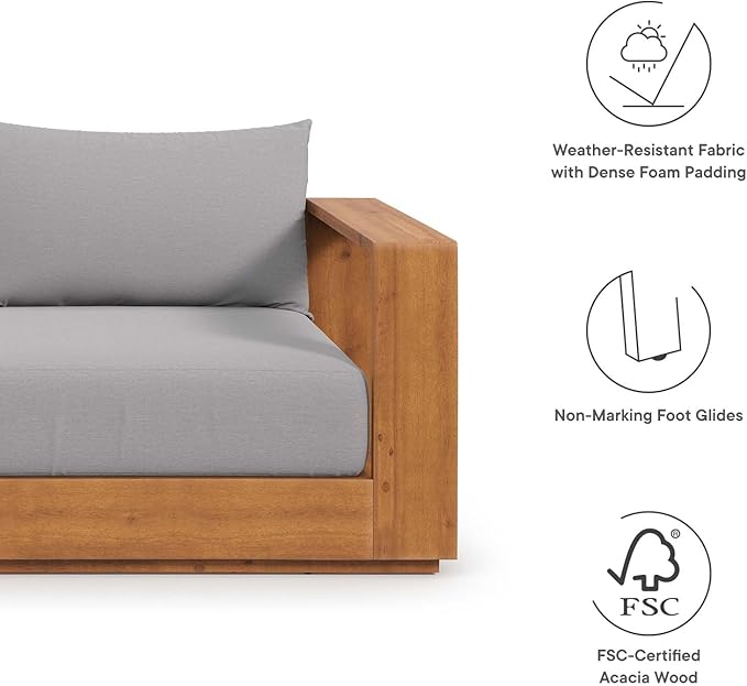Modway Tahoe Acacia Wood Outdoor Patio Loveseat in Natural Light Gray with Weather-Resistant Cushions - Ideal as a Patio Couch, Outdoor Sofa, or Wood Couch