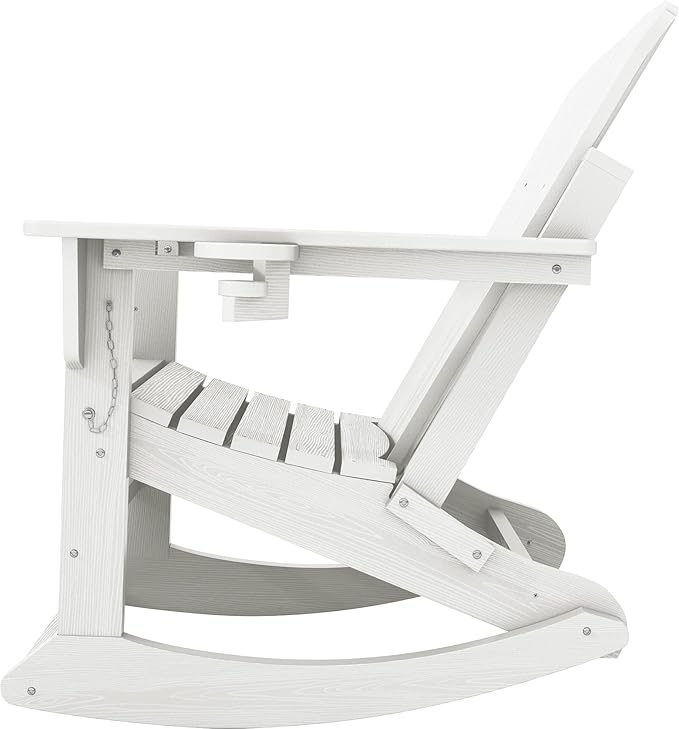 KINGYES Adirondack Rocking Chair with Retractable Ottoman and Cup Holders, HDPE Adirondack Rocker Patio Rocking Chair for Porch, Patio, Balcony, White
