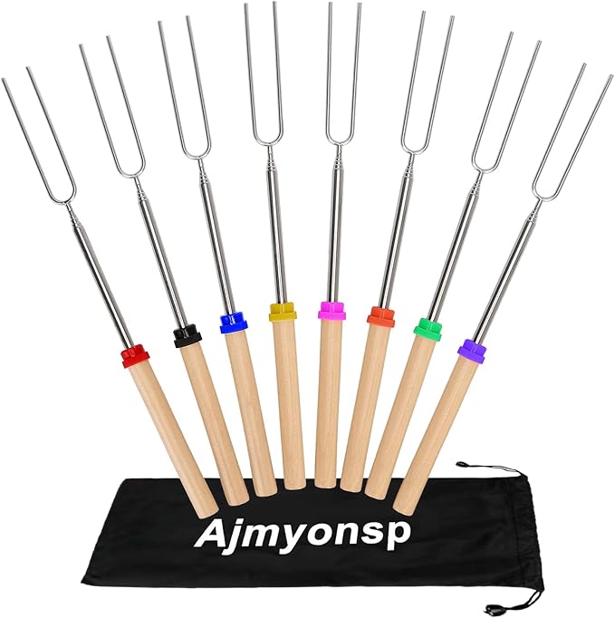 Marshmallows Roasting Sticks - Smores Sticks for Fire Pit Extras Long Extendable Smore Skewers Hot Dog Sticks for Campfires, 32 Inch Telescoping Forks Set of 8Pcs